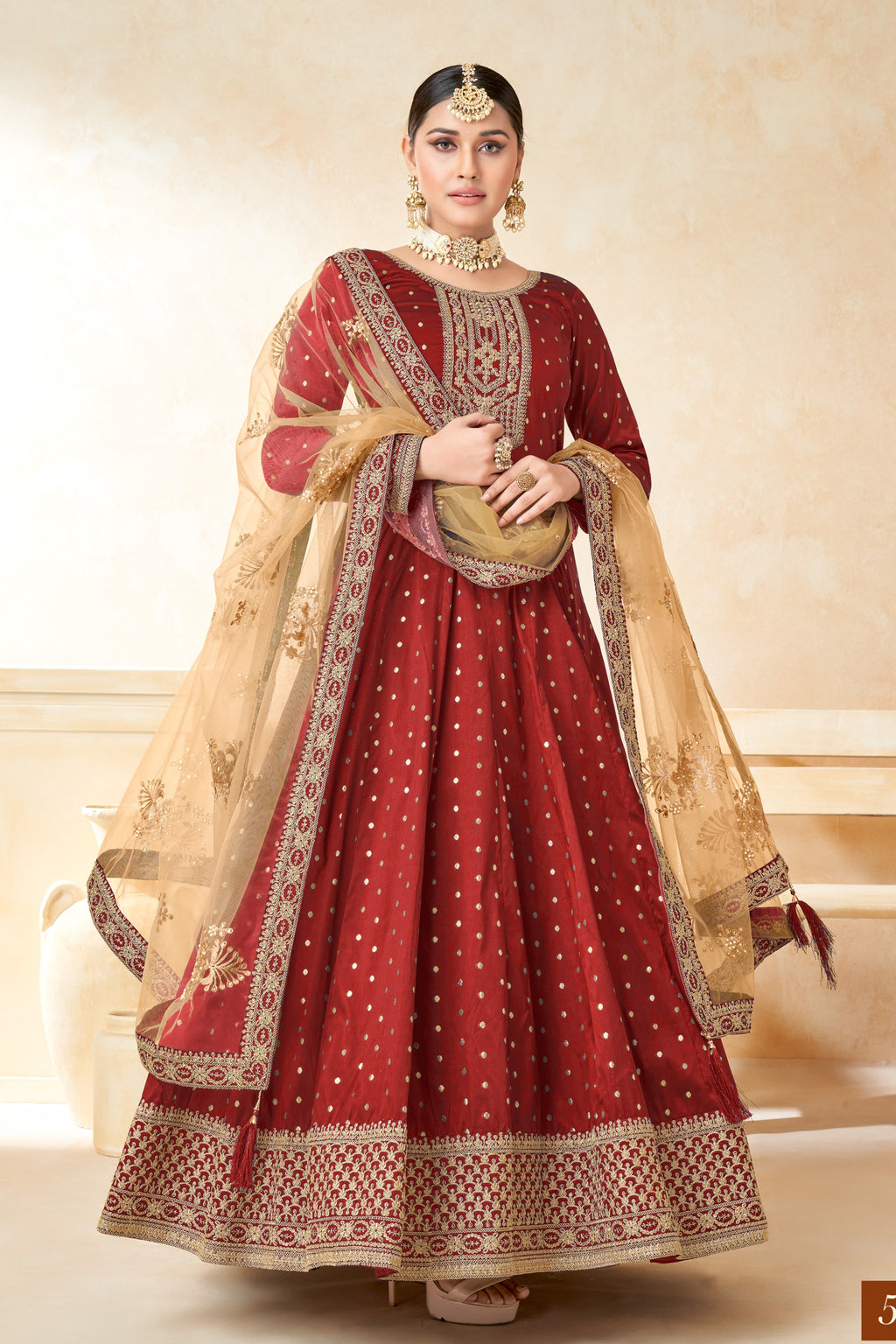 Maroon Taffeta Silk Gown Dress for Ladies with Embroidery