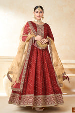 Maroon Taffeta Silk Gown Dress for Ladies with Embroidery