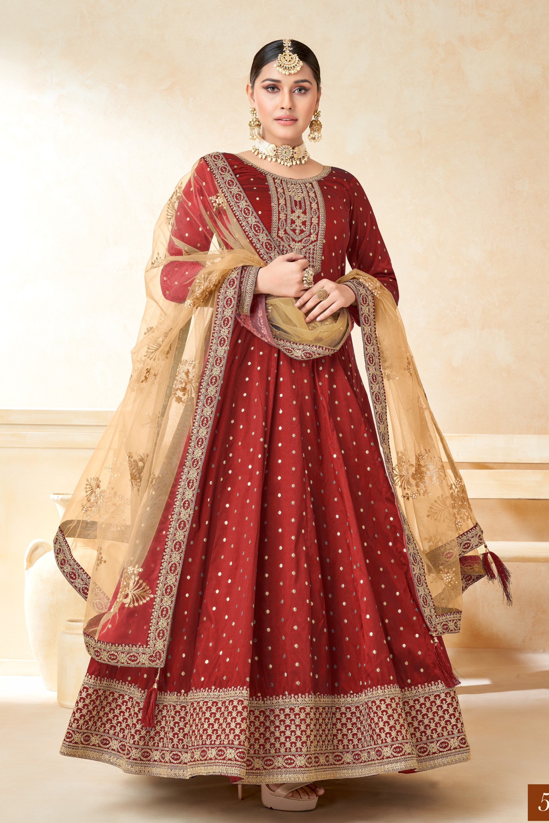 Maroon Taffeta Silk Gown Dress for Ladies with Embroidery