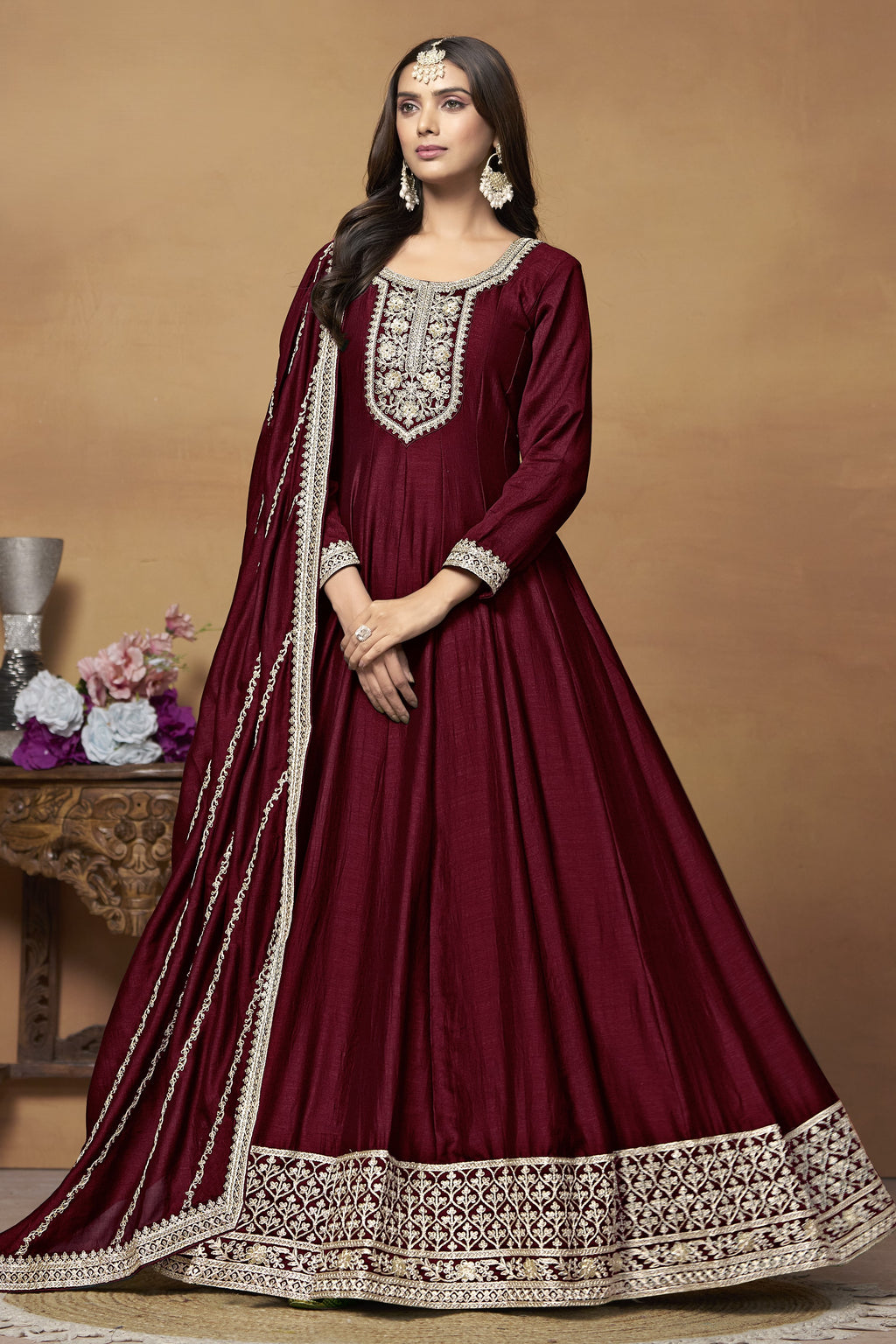 Maroon Art Silk Plain Anarkali Suit with Sequins Work