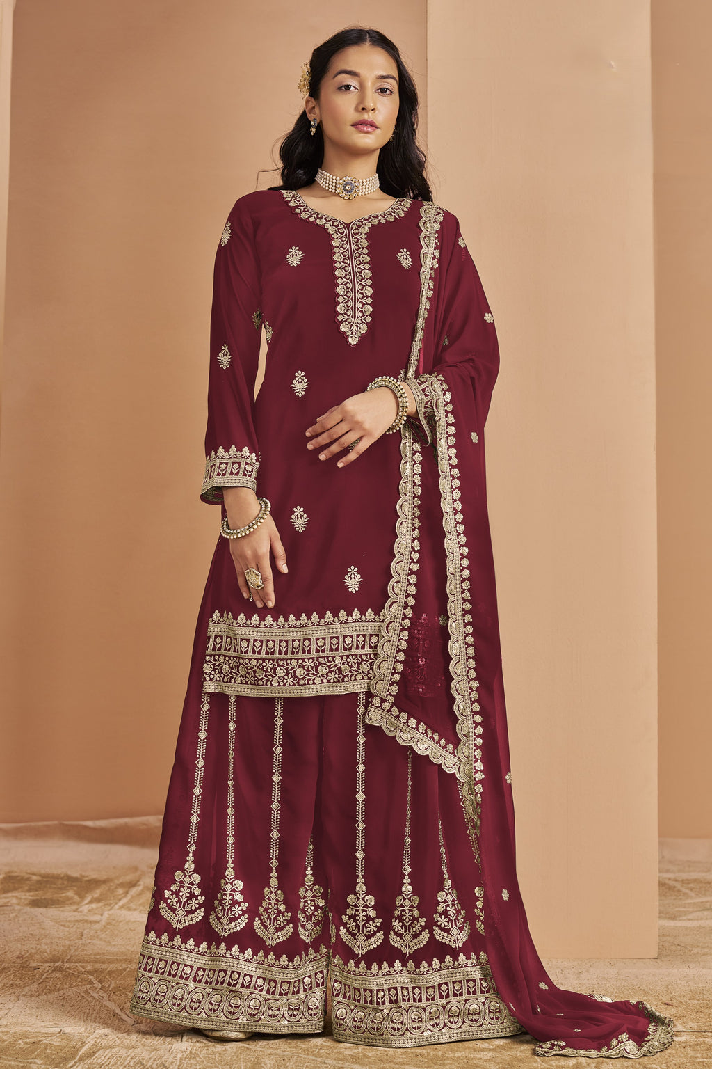 Maroon Georgette Thread and Sequins Work Latest Plazo Design for Wedding
