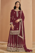 Maroon Georgette Thread and Sequins Work Latest Plazo Design for Wedding