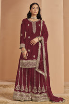 Maroon Georgette Thread and Sequins Work Latest Plazo Design for Wedding