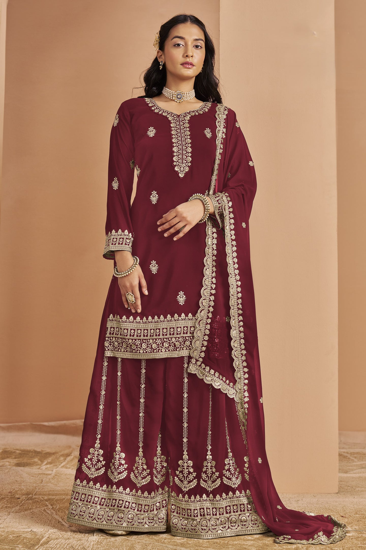 Maroon Georgette Thread and Sequins Work Latest Plazo Design for Wedding