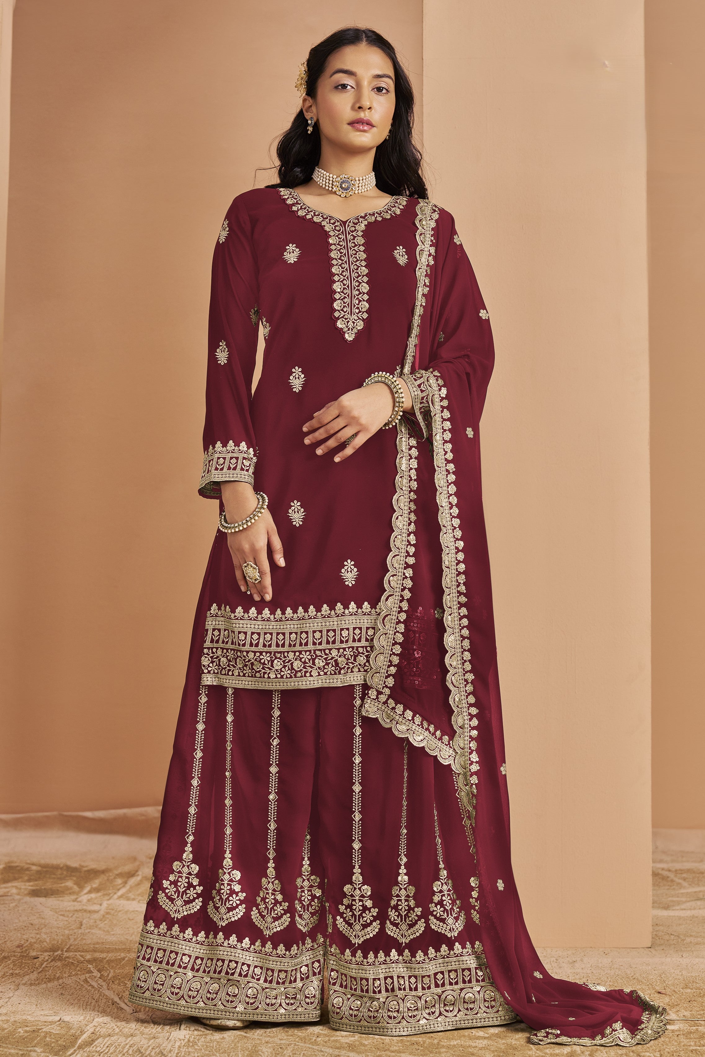 Maroon Georgette Thread and Sequins Work Latest Plazo Design for Wedding