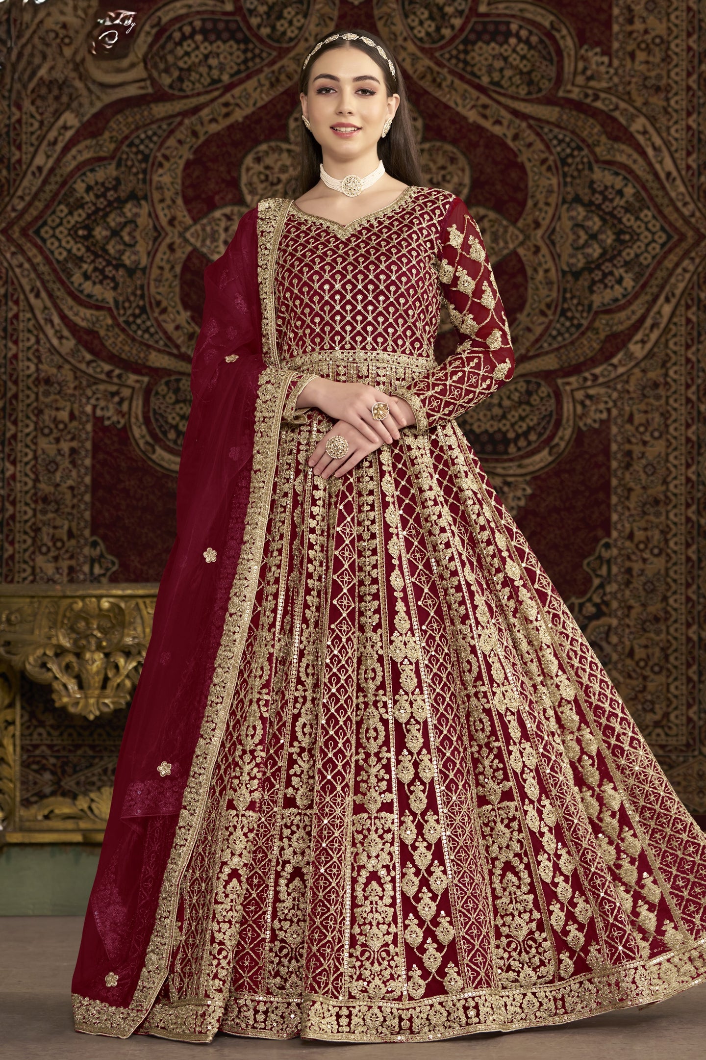 Maroon Net Dori Work Anarkali Suits for Wedding