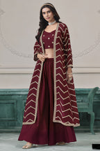 Maroon Chinon Silk Crop Top with Jacket and Palazzo with Thread Work