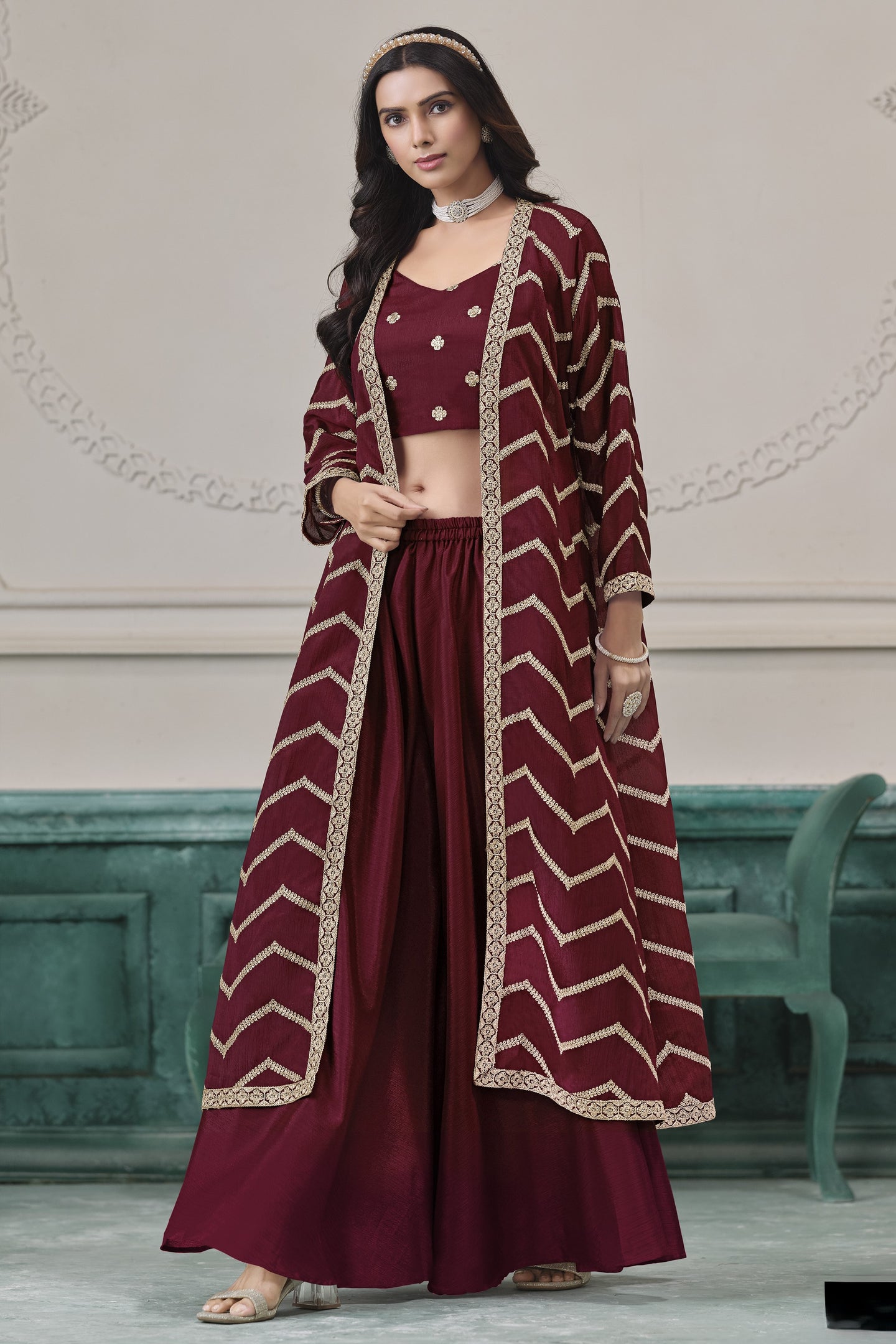 Maroon Chinon Silk Crop Top with Jacket and Palazzo with Thread Work