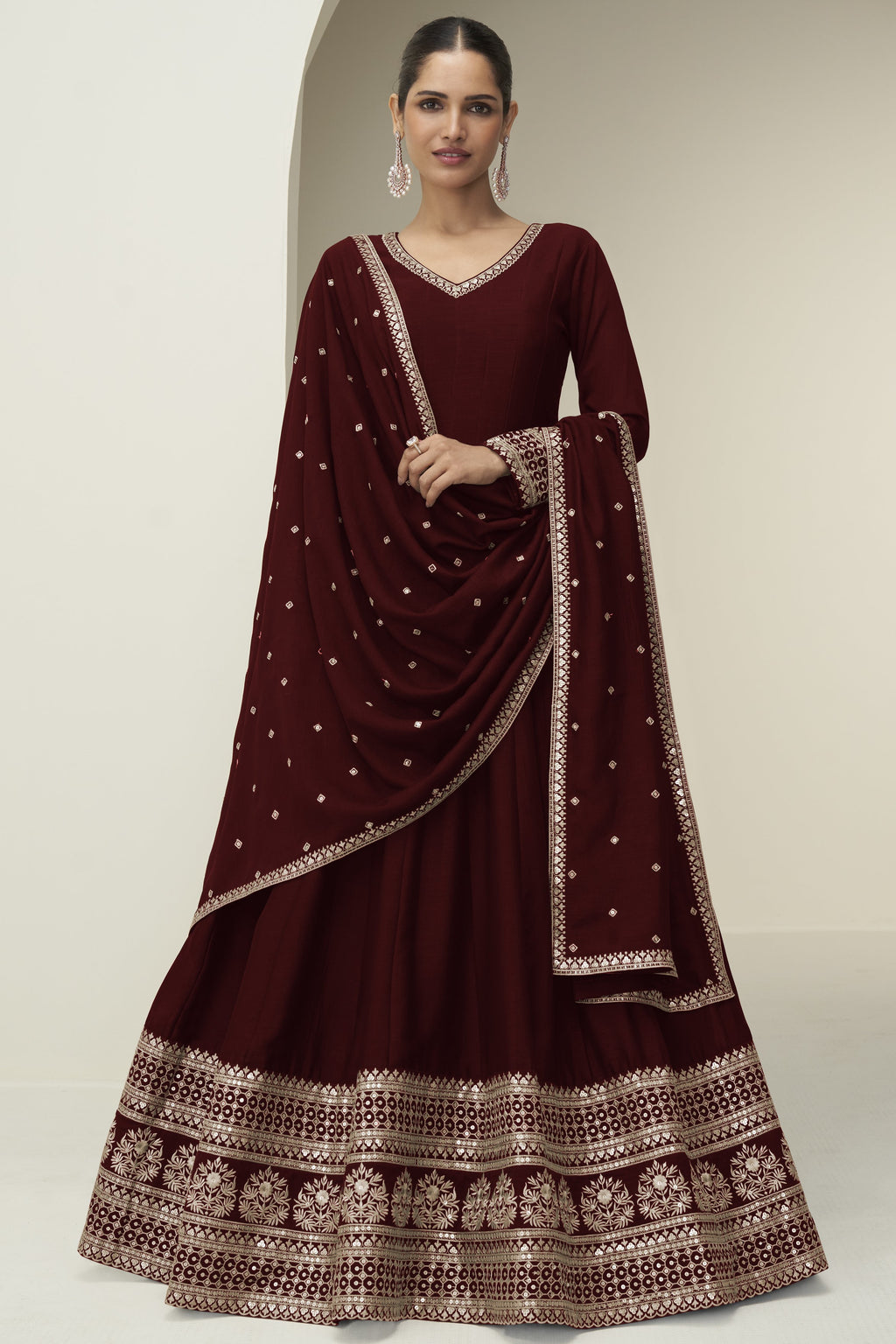 Maroon Premium Silk Anarkali Dress for Wedding with Thread and Sequins Work