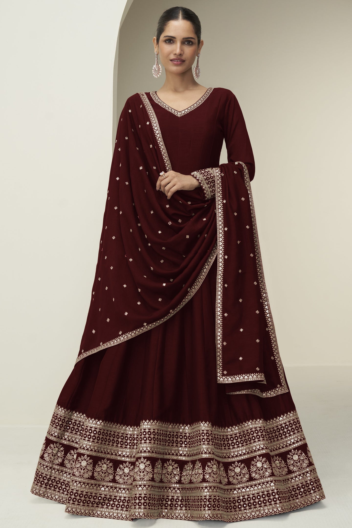 Maroon Premium Silk Anarkali Dress for Wedding with Thread and Sequins Work