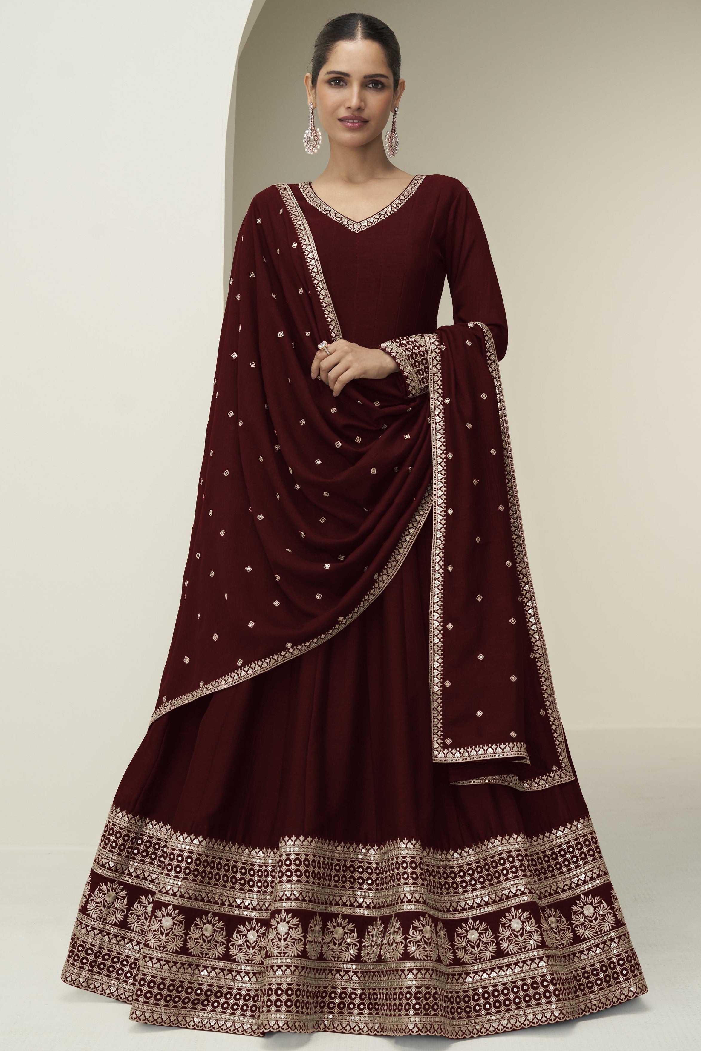 Maroon Premium Silk Anarkali Dress for Wedding with Thread and Sequins Work