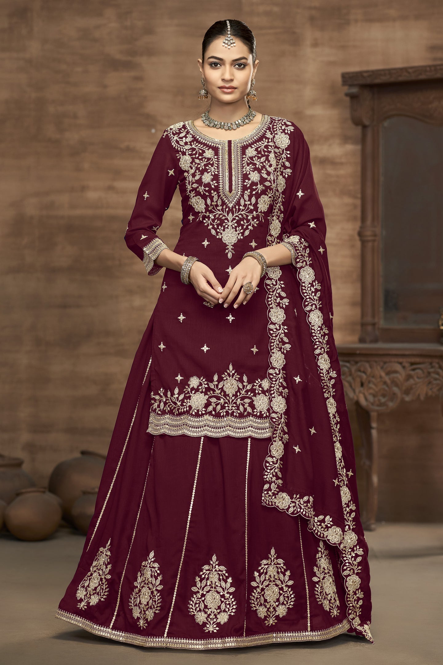 Maroon Vichitra Silk Embroidered Pakistani Skirt Suit