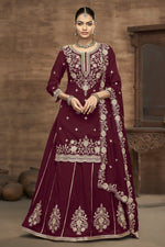 Maroon Vichitra Silk Embroidered Pakistani Skirt Suit
