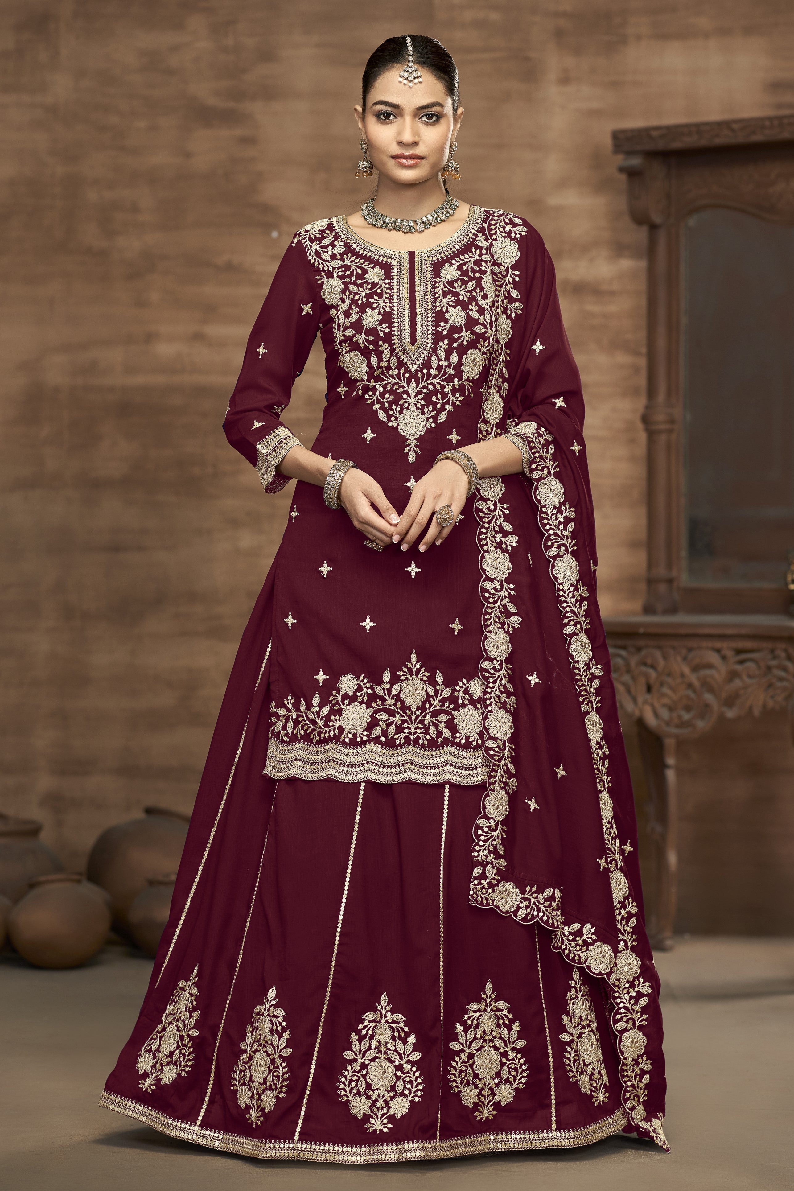 Maroon Vichitra Silk Embroidered Pakistani Skirt Suit