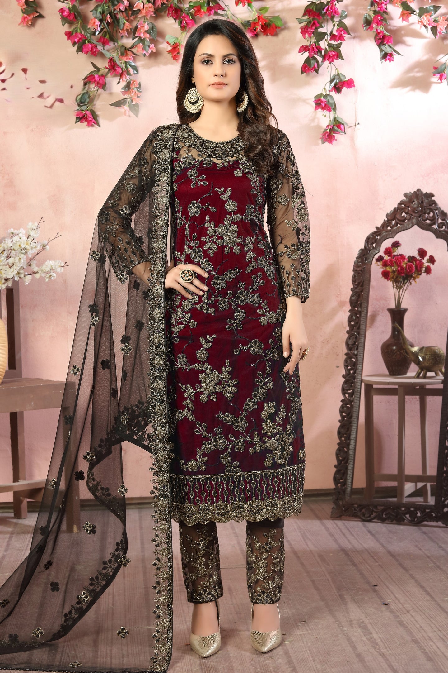 Maroon Net Traditional Pakistani Clothing Kameez with Pant