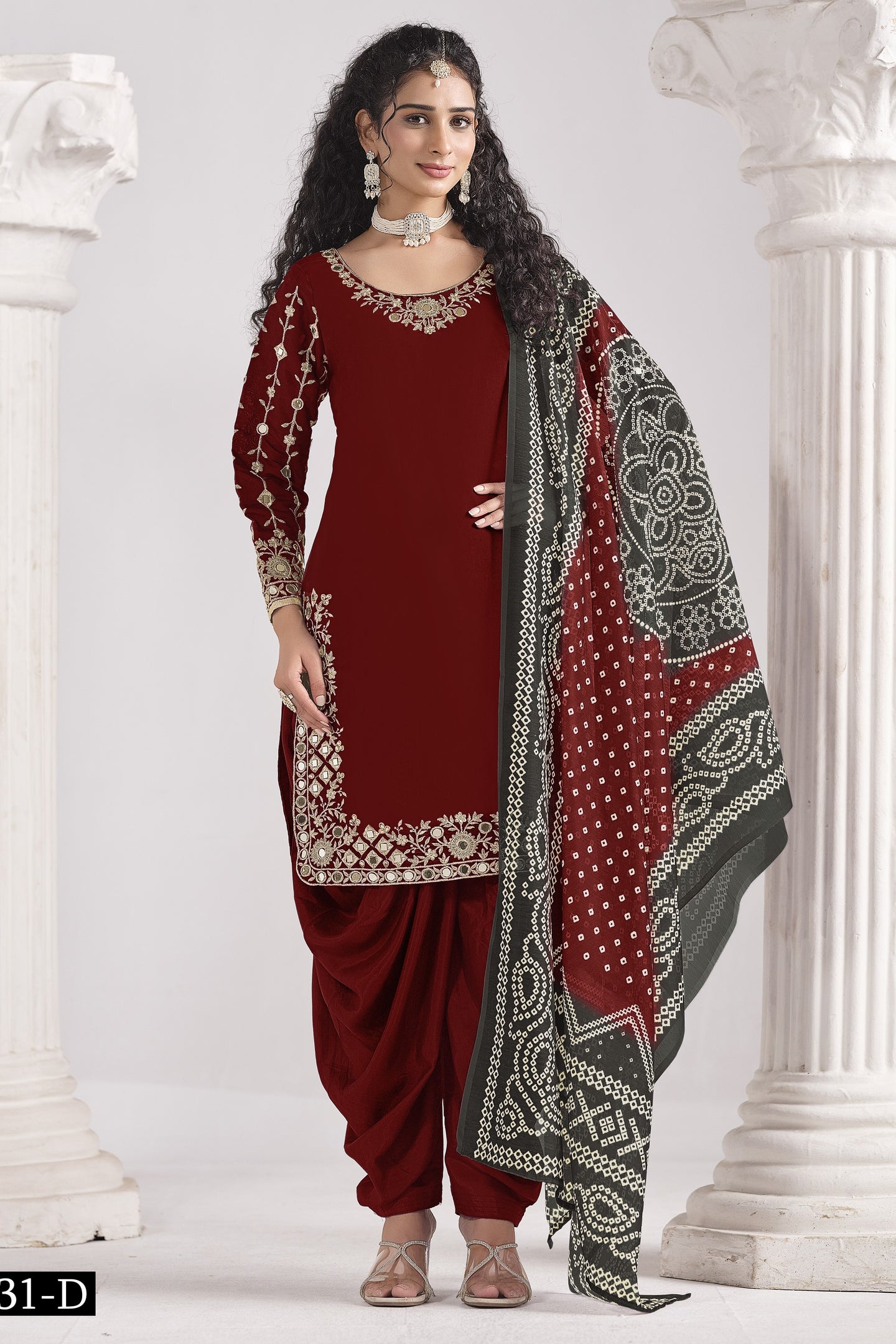 Maroon Chinon Silk Wedding Salwar Kameez with Zari and Mirror Work