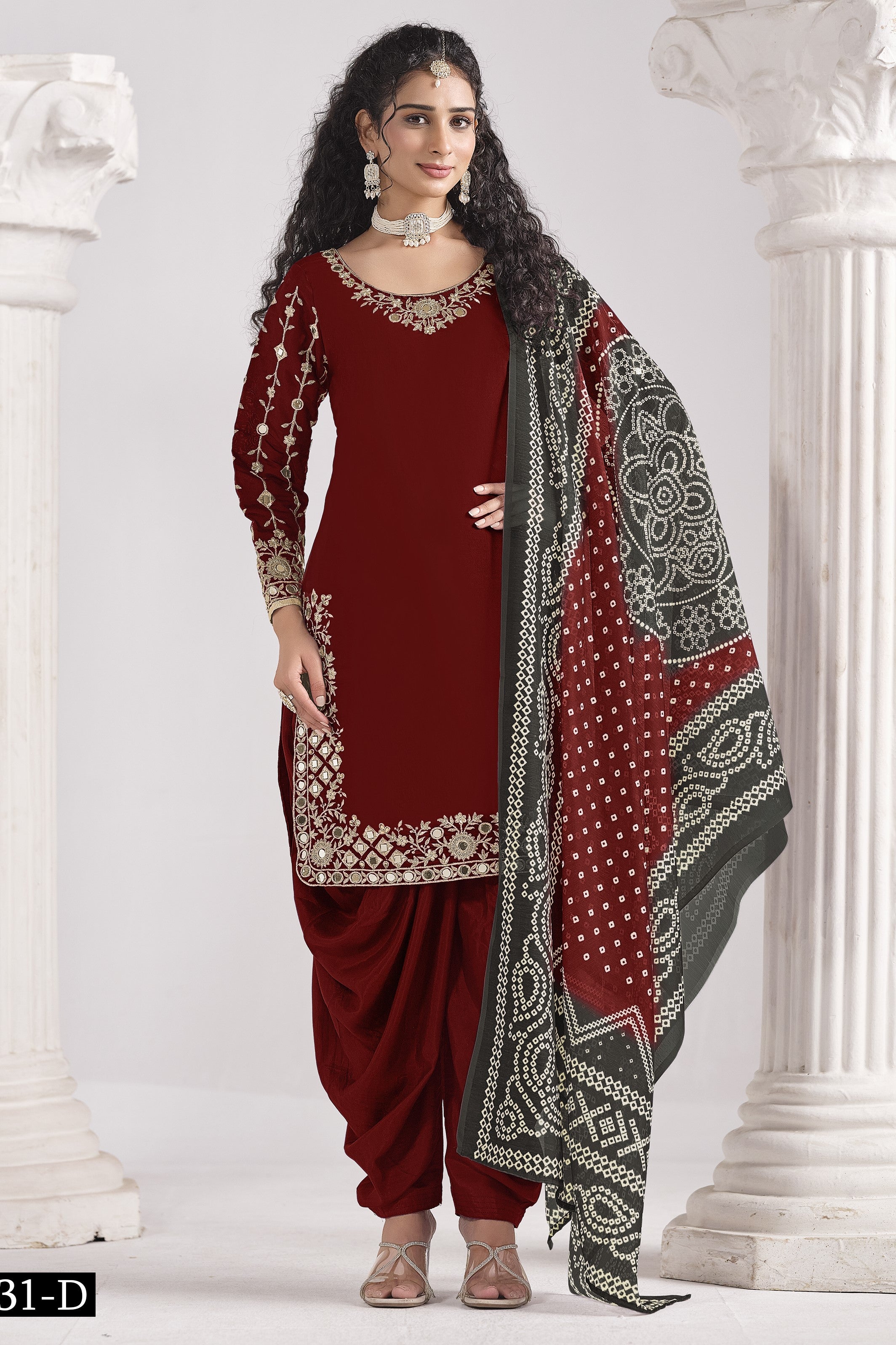 Maroon Chinon Silk Wedding Salwar Kameez with Zari and Mirror Work