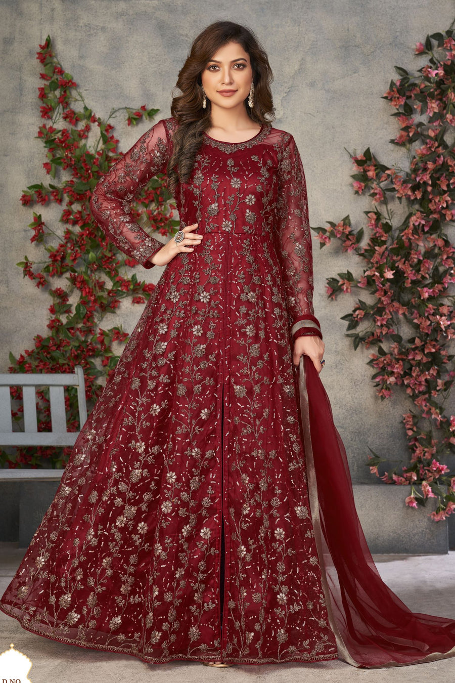 Maroon Net Anarkali Dress for Women with Thread and Sequins Embroidery