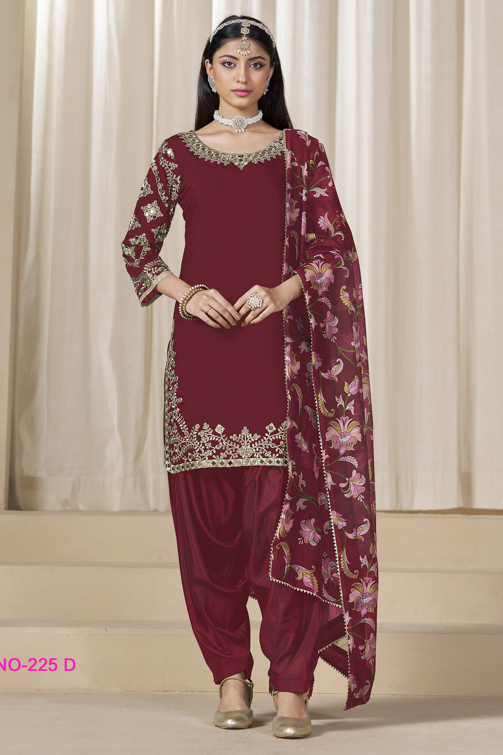 Maroon Chinon Silk Pakistani Skirt Suits for Weddings with Zari Work
