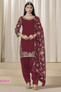 Maroon Chinon Silk Pakistani Skirt Suits for Weddings with Zari Work