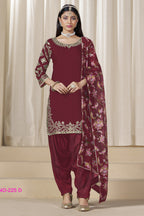 Maroon Chinon Silk Pakistani Skirt Suits for Weddings with Zari Work