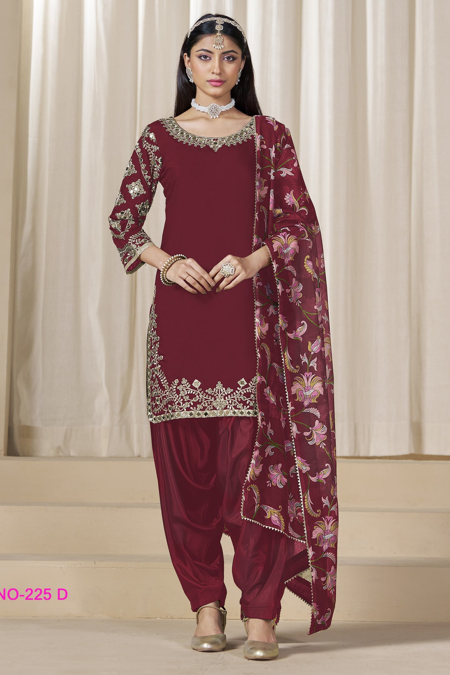 Maroon Chinon Silk Pakistani Skirt Suits for Weddings with Zari Work