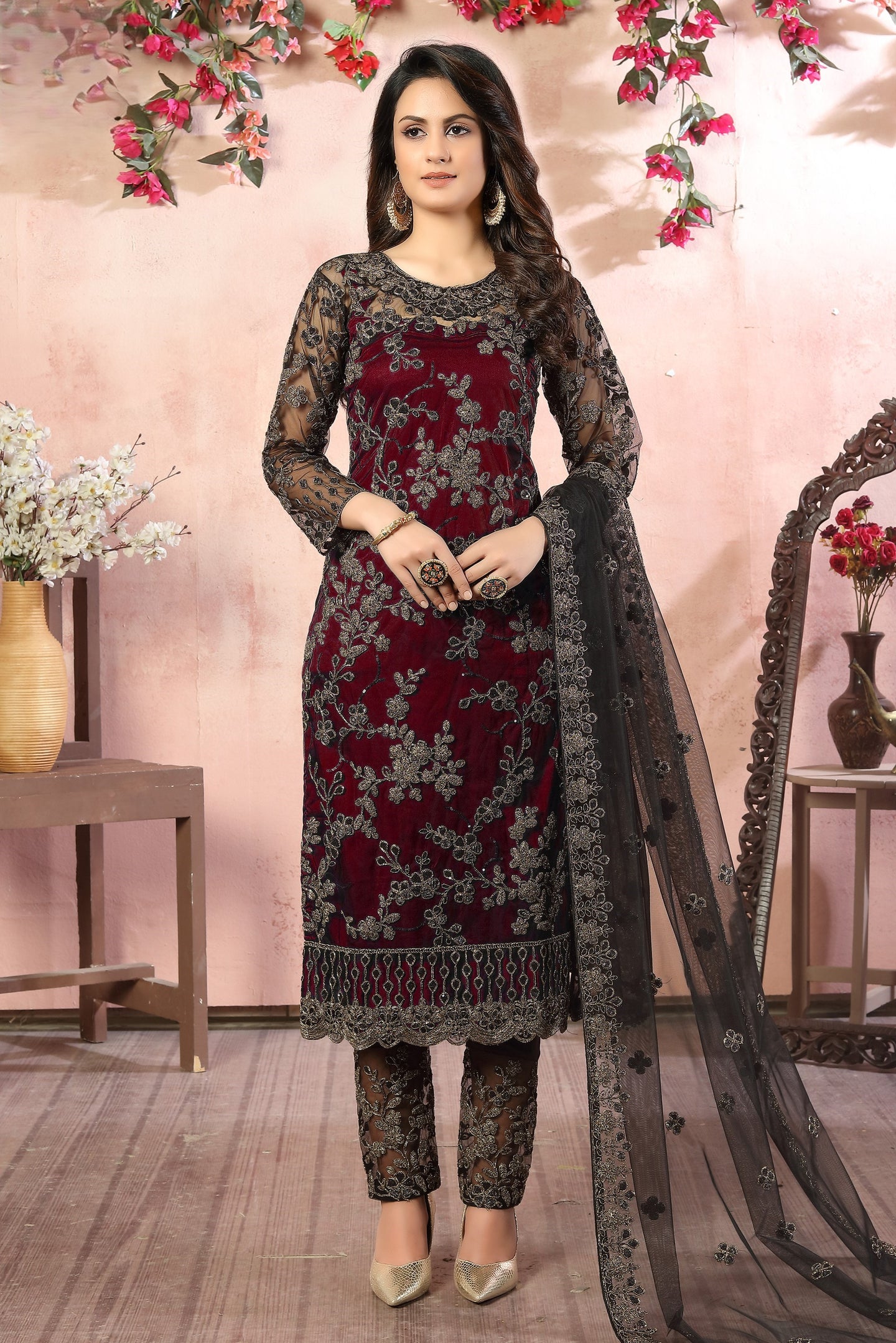Maroon Net Traditional Pakistani Clothing Kameez with Pant