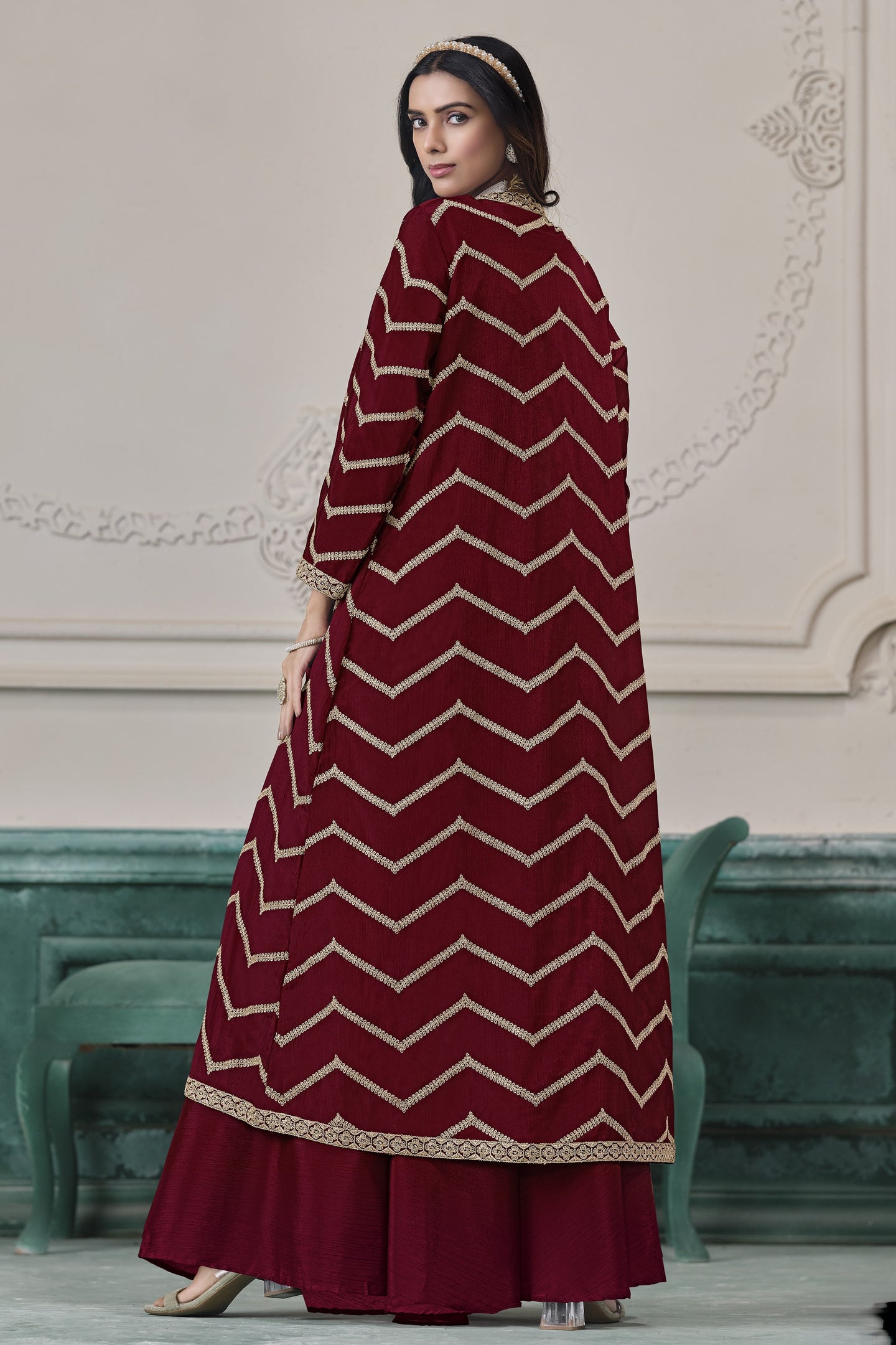 Maroon Chinon Silk Crop Top with Jacket and Palazzo with Thread Work
