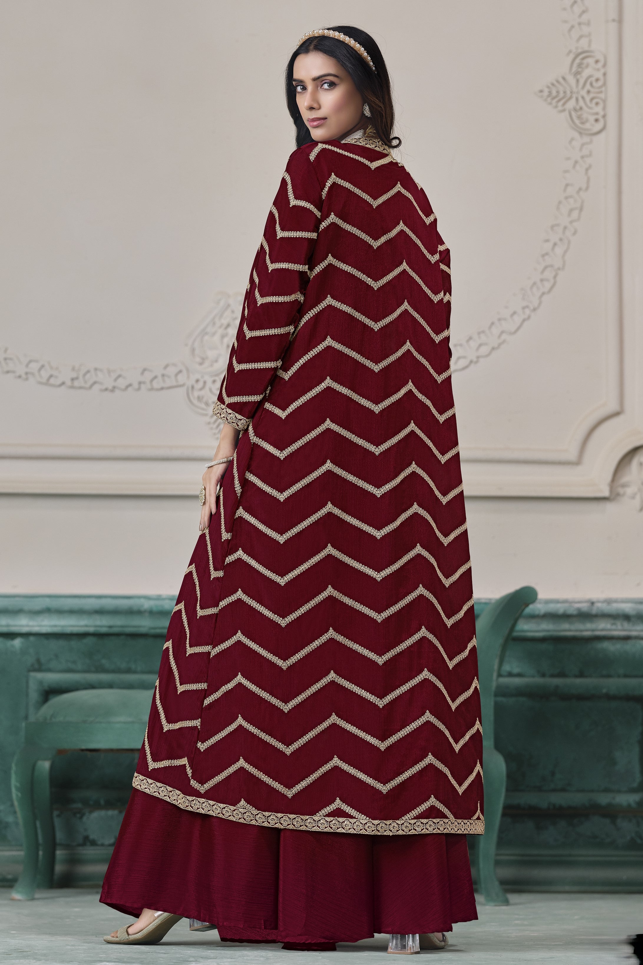 Maroon Chinon Silk Crop Top with Jacket and Palazzo with Thread Work