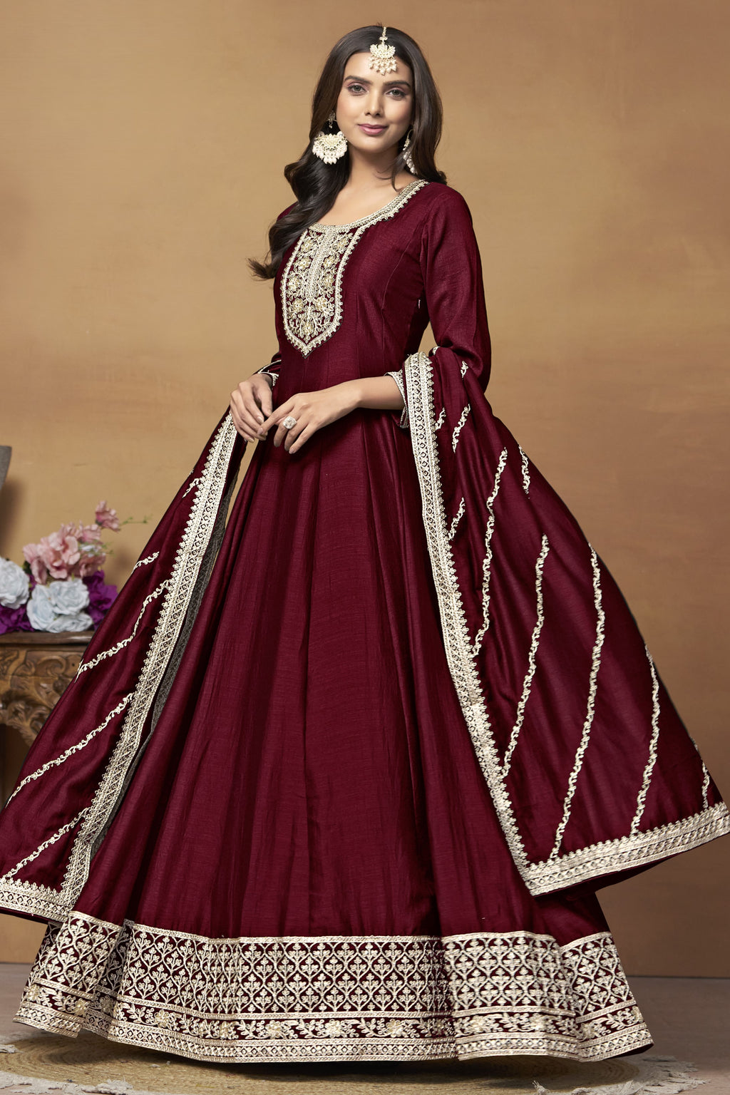 Maroon Art Silk Plain Anarkali Suit with Sequins Work
