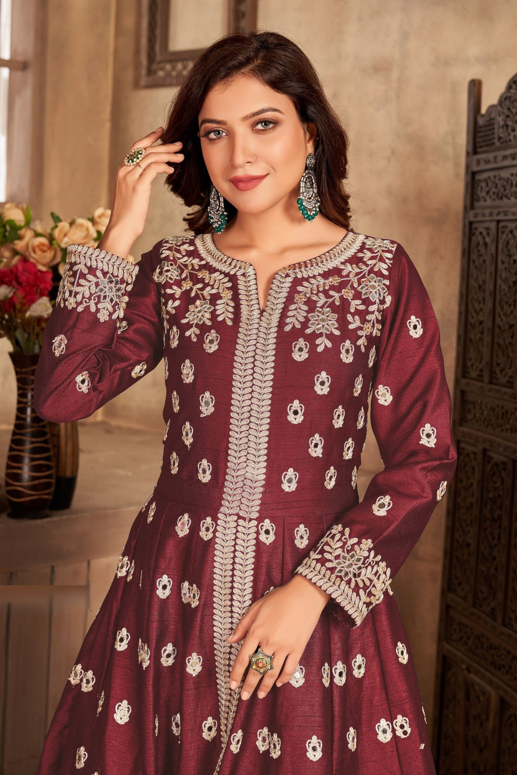 Maroon Art Silk Indian Anarkali Dress with Embroidery and Mirror Work