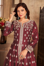 Maroon Art Silk Indian Anarkali Dress with Embroidery and Mirror Work
