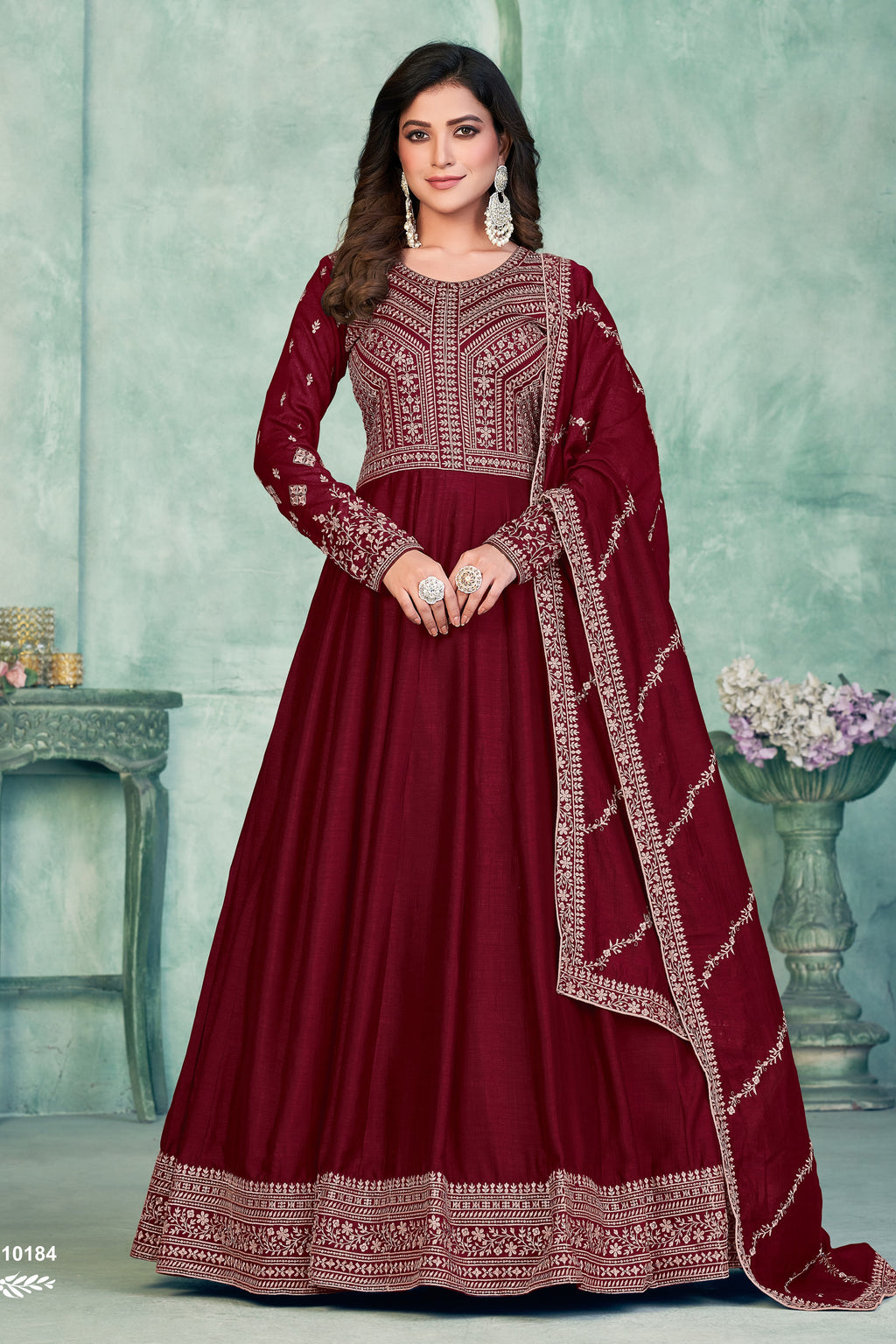 Maroon Art Silk Anarkali Suit for Wedding with Sequins Work