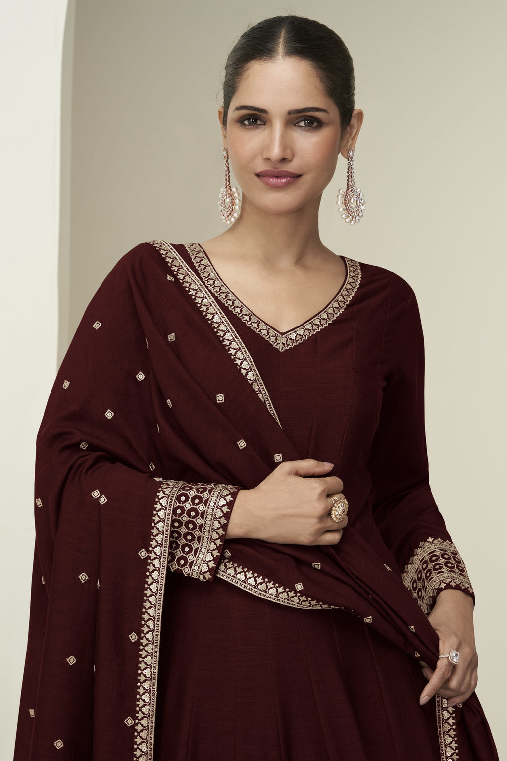 Maroon Premium Silk Anarkali Dress for Wedding with Thread and Sequins Work