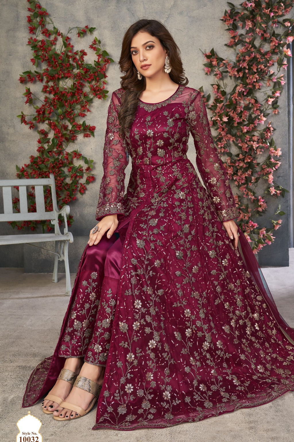 Maroon Net Anarkali Designer Wedding Suits for Women with Embroidery