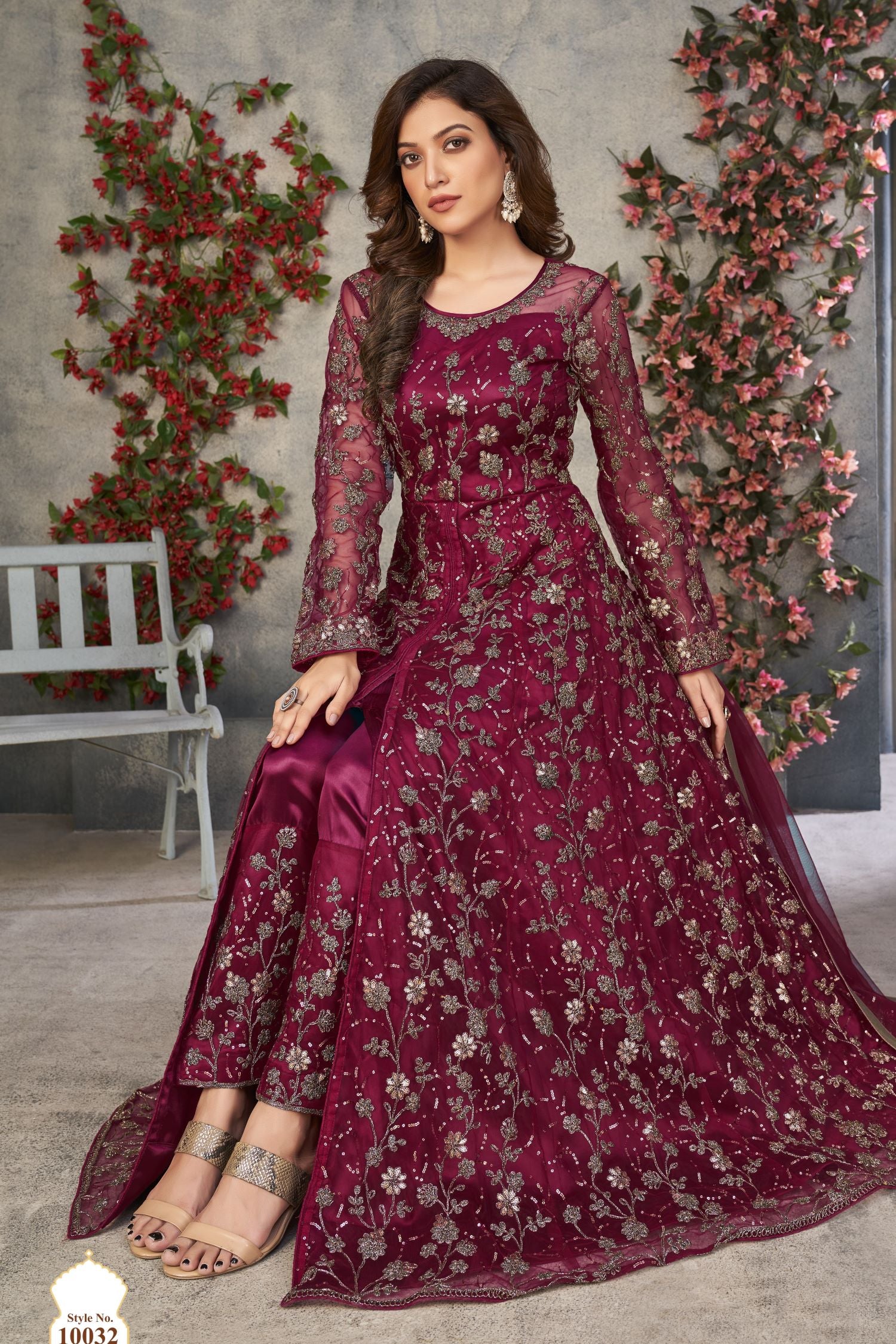 Maroon Net Anarkali Designer Wedding Suits for Women with Embroidery