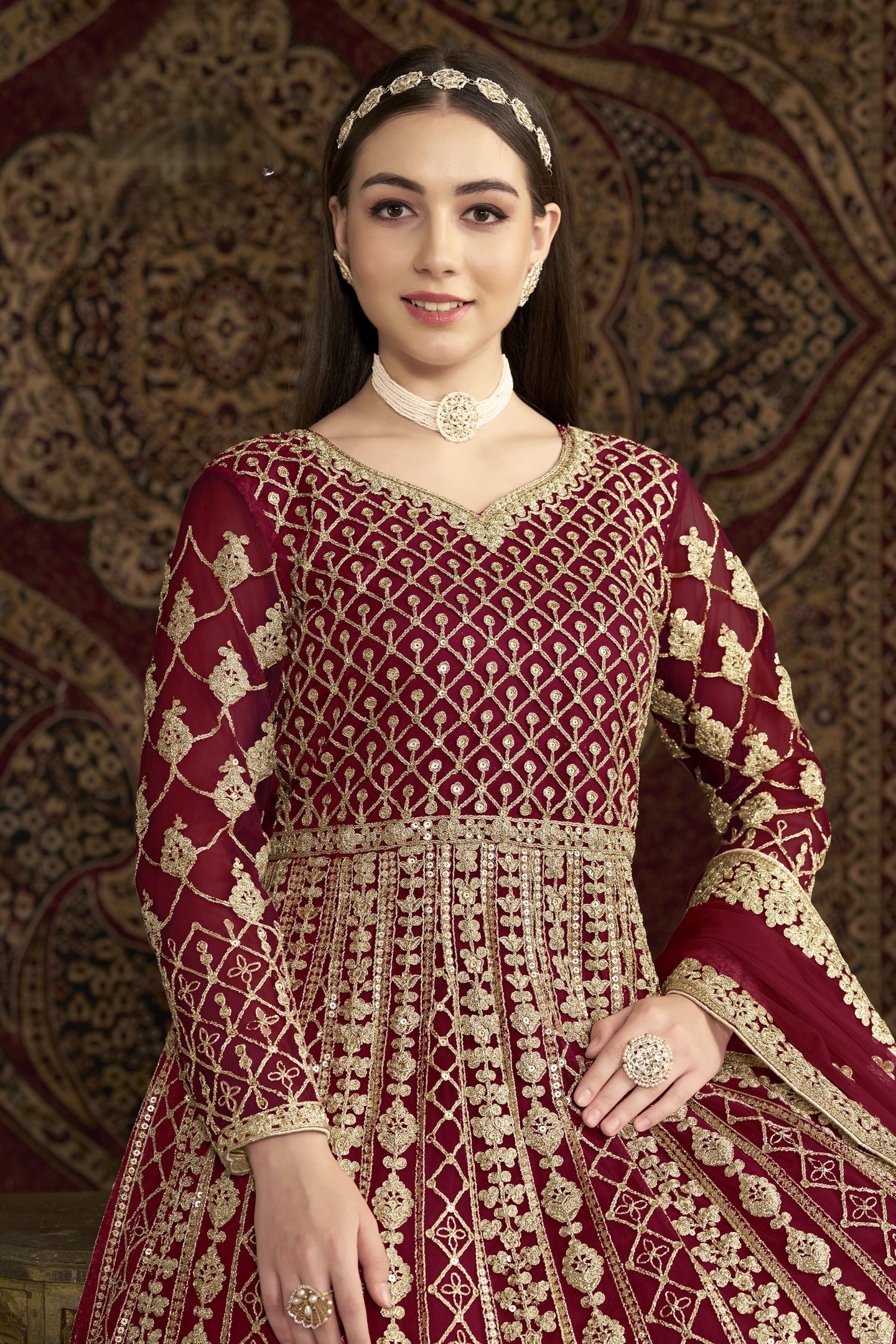 Maroon Net Dori Work Anarkali Suits for Wedding