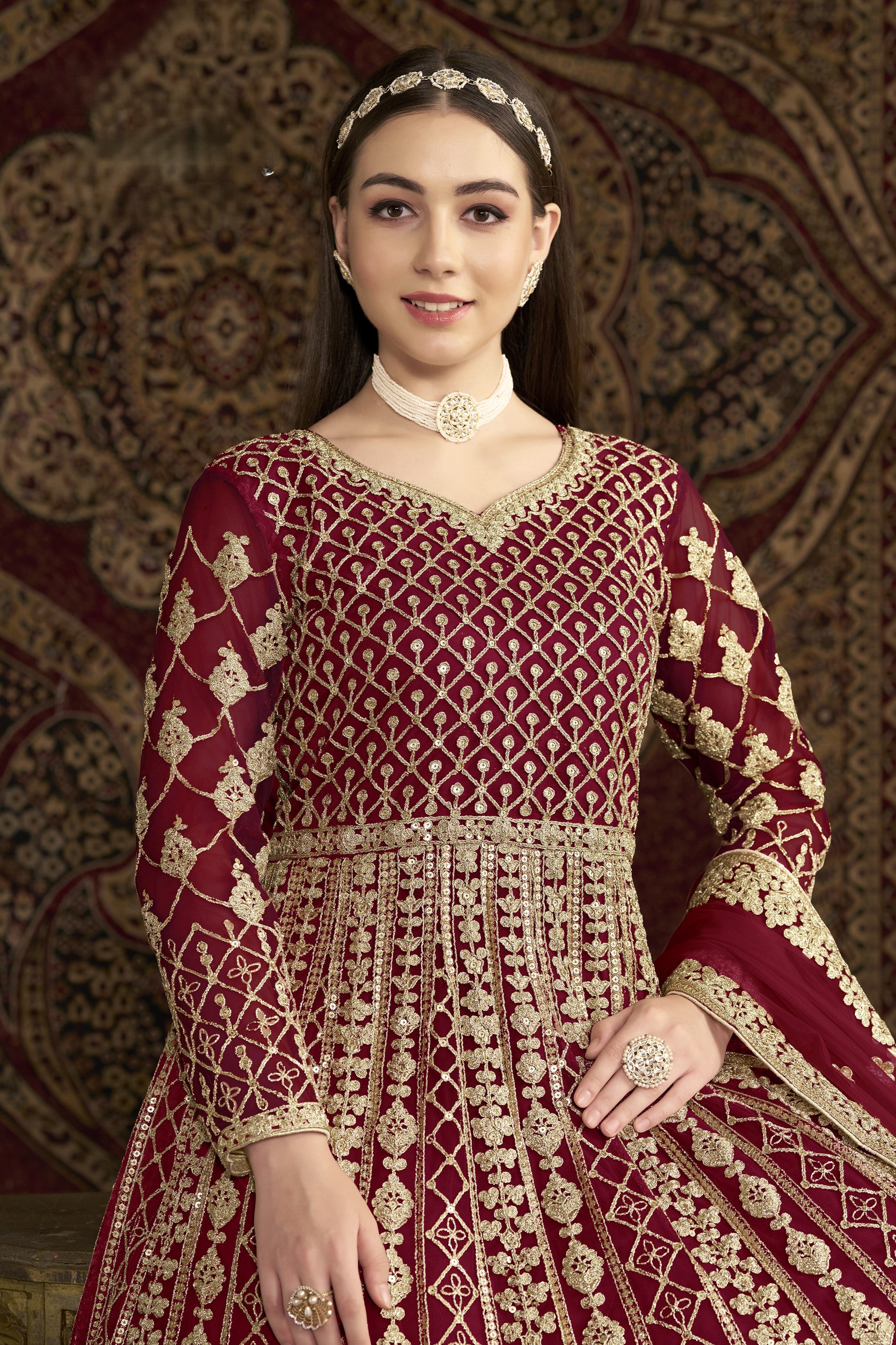 Maroon Net Dori Work Anarkali Suits for Wedding
