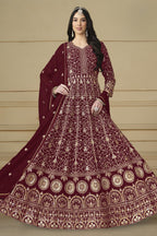 Maroon Georgette Anarkali Dress with Thread and Sequins Embroidery