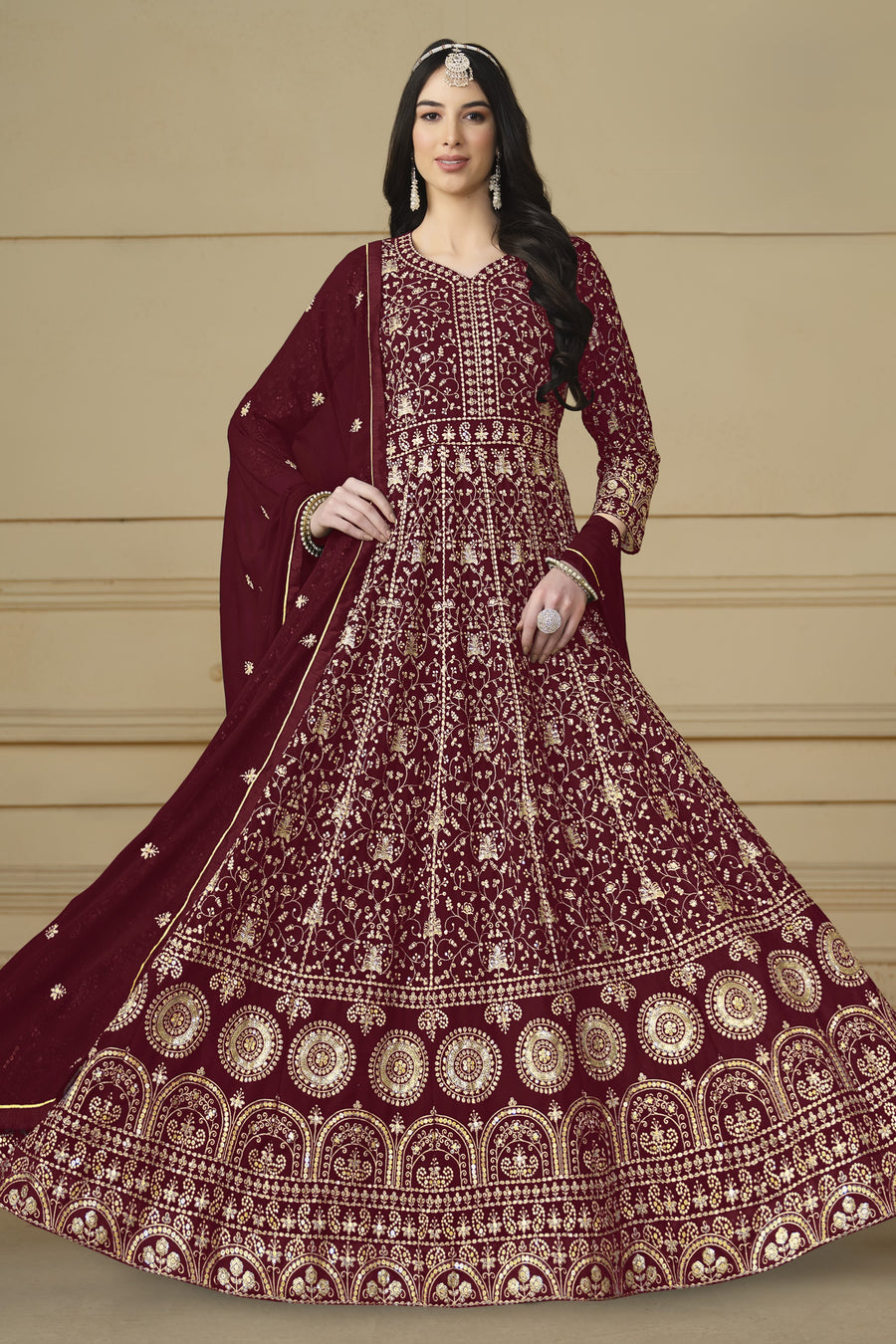Maroon Georgette Anarkali Dress with Thread and Sequins Embroidery