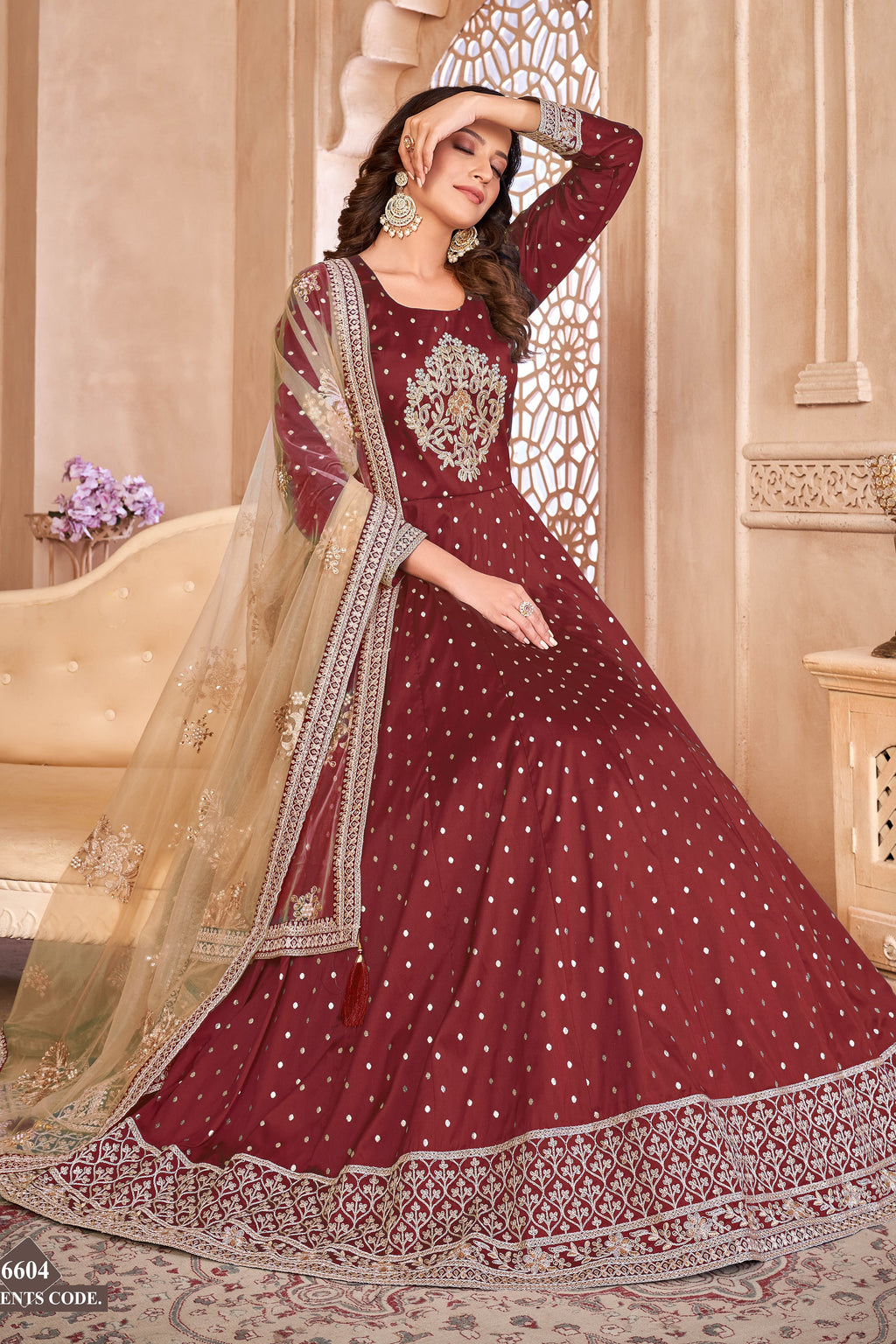 Maroon Taffeta Silk Anarkali Suit for Ladies with Sequins Embroidery