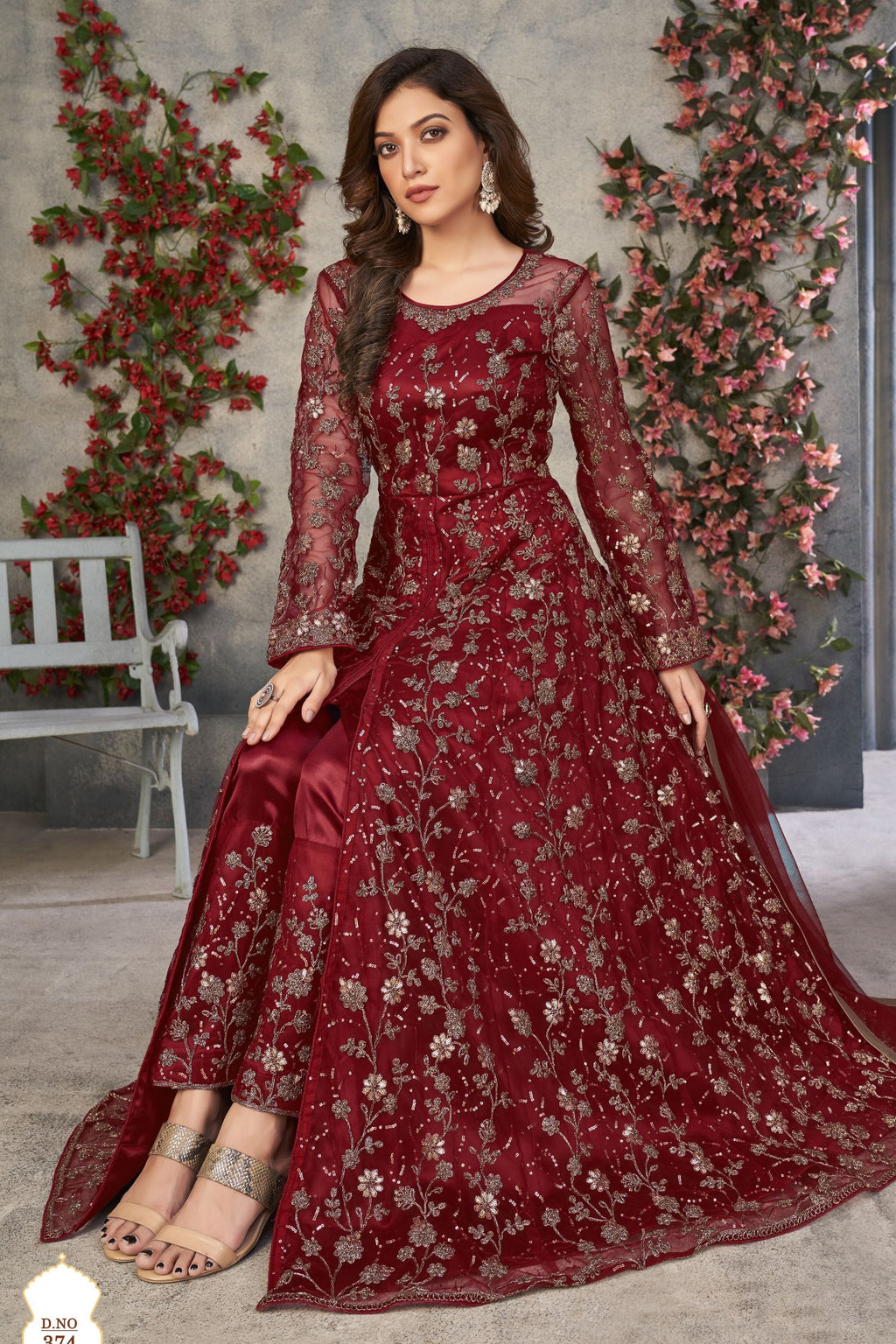 Maroon Net Anarkali Dress for Women with Thread and Sequins Embroidery