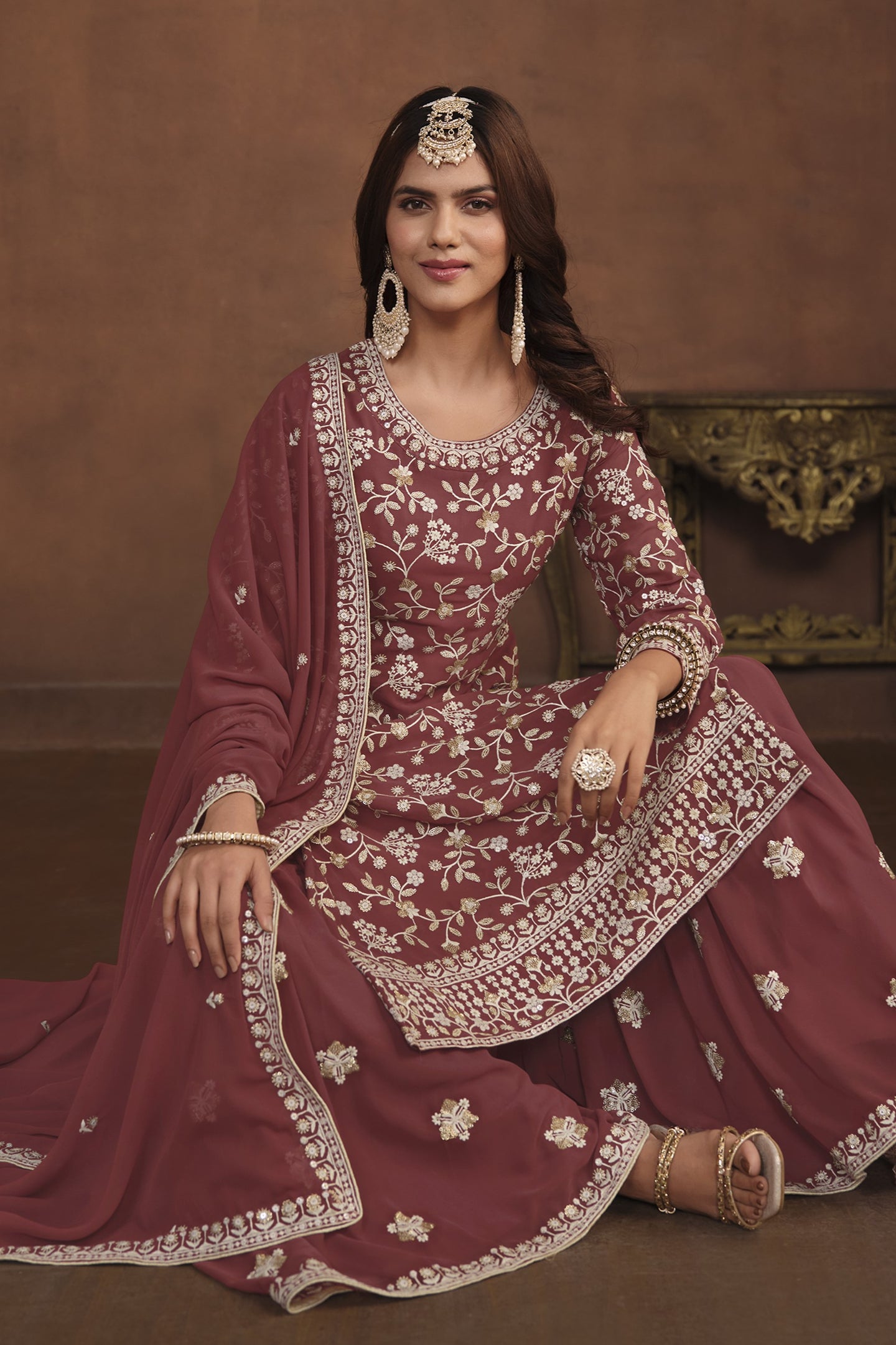 Maroon Georgette Sharara Suit for Women with Sequins Embroidery