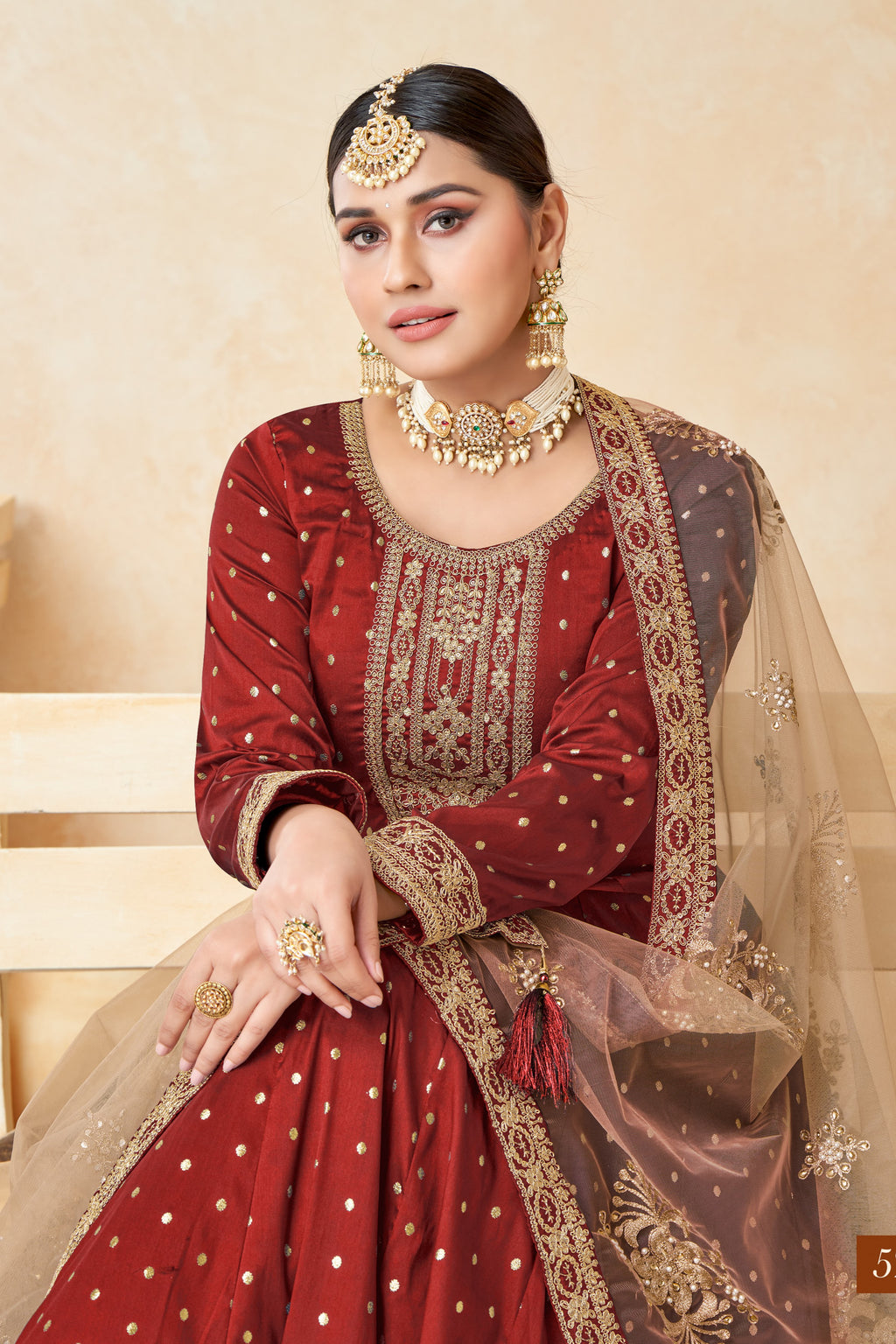 Maroon Taffeta Silk Gown Dress for Ladies with Embroidery