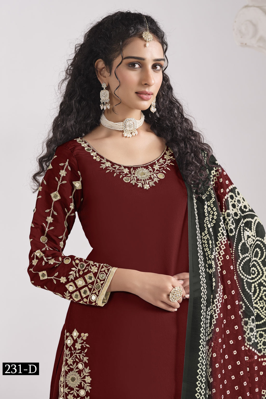 Maroon Chinon Silk Wedding Salwar Kameez with Zari and Mirror Work