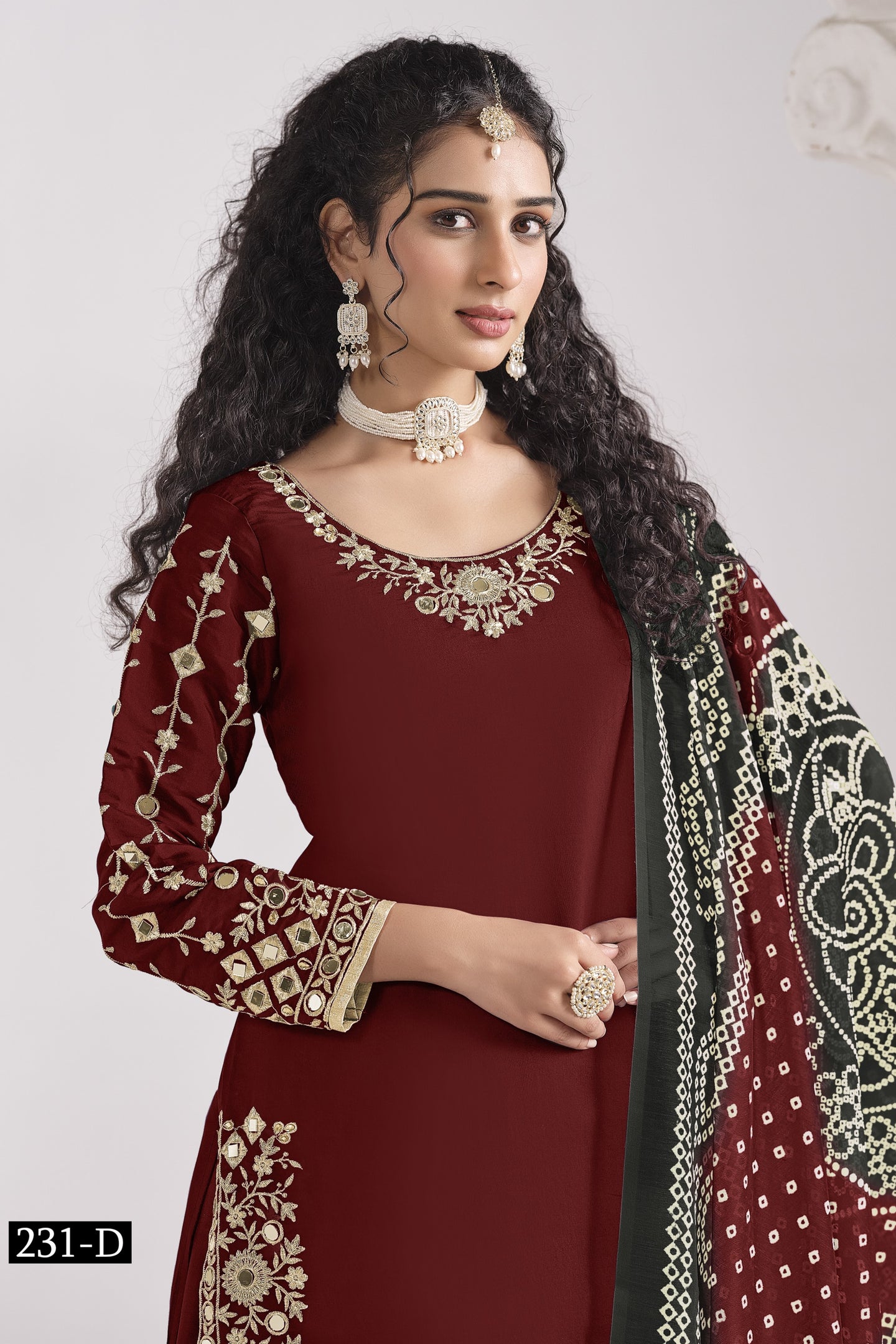 Maroon Chinon Silk Wedding Salwar Kameez with Zari and Mirror Work