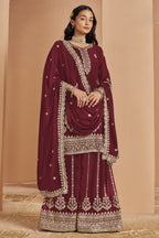 Maroon Georgette Thread and Sequins Work Latest Plazo Design for Wedding