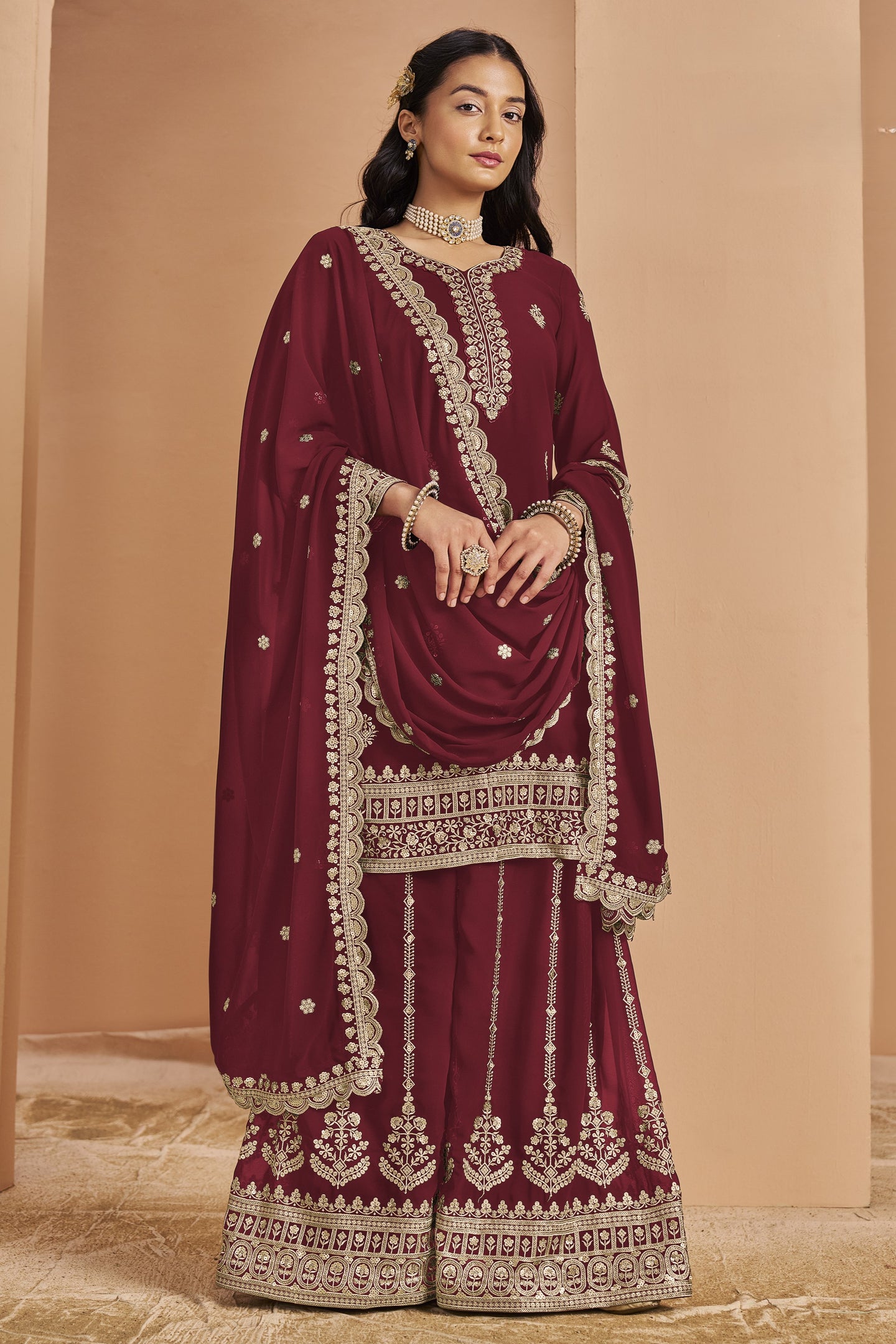 Maroon Georgette Thread and Sequins Work Latest Plazo Design for Wedding