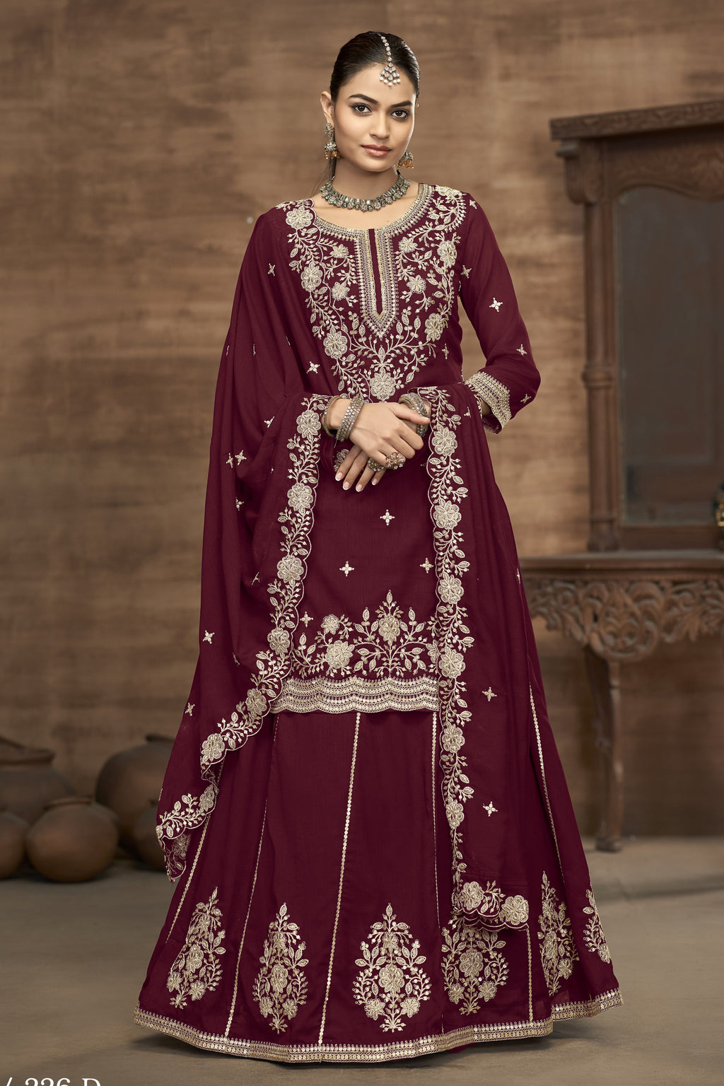 Maroon Vichitra Silk Embroidered Pakistani Skirt Suit