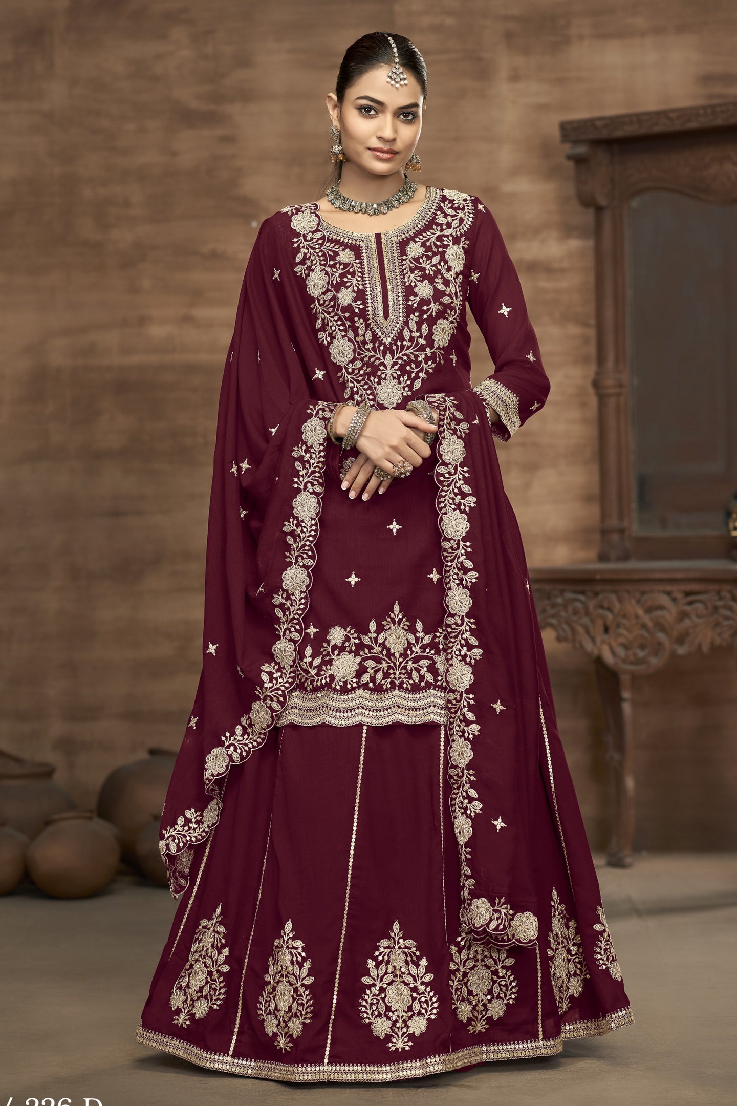 Maroon Vichitra Silk Embroidered Pakistani Skirt Suit
